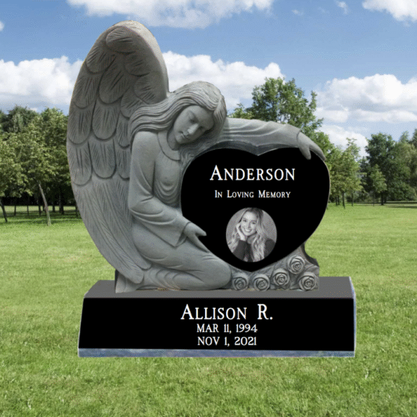 Limited Time SPECIAL! Single Black Granite Carved Angel Heart Headstone