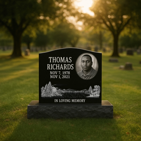 Single Black Granite Headstone, Scenery Design