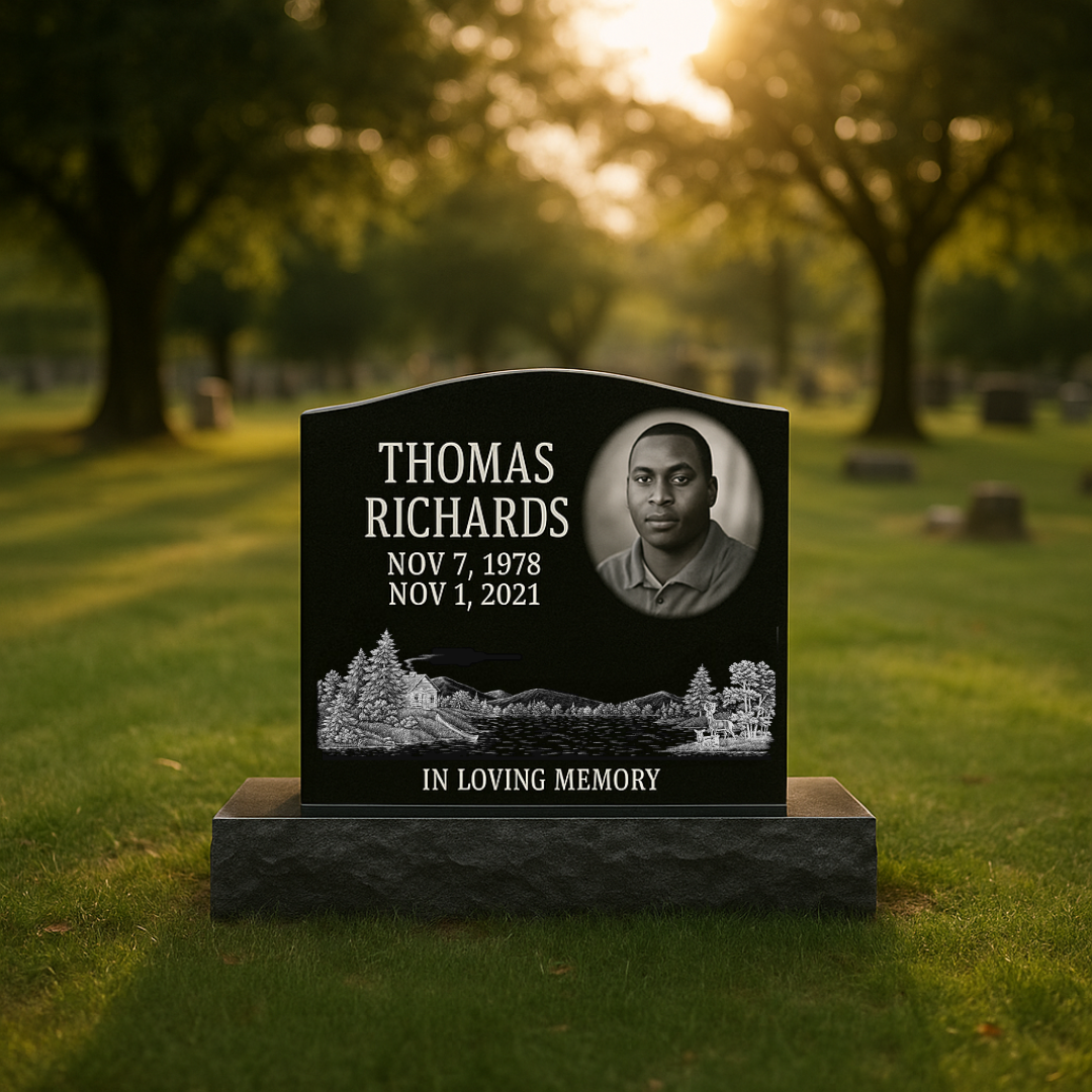 14 Single Black Granite Headstone, Scenery Design - Image 1