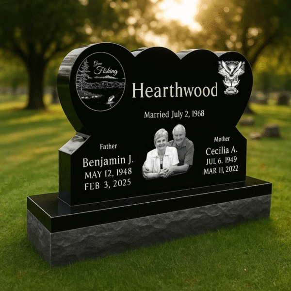 Two Hearts Forever: Black Granite Companion Memorial - Double Heart Design