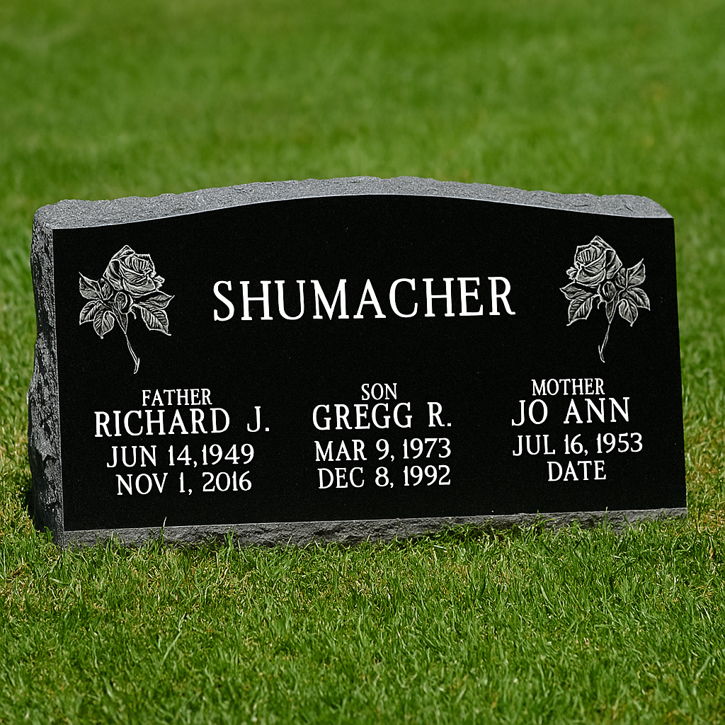 7_1 3-Person Black Granite Slant Marker Headstone - Image 1