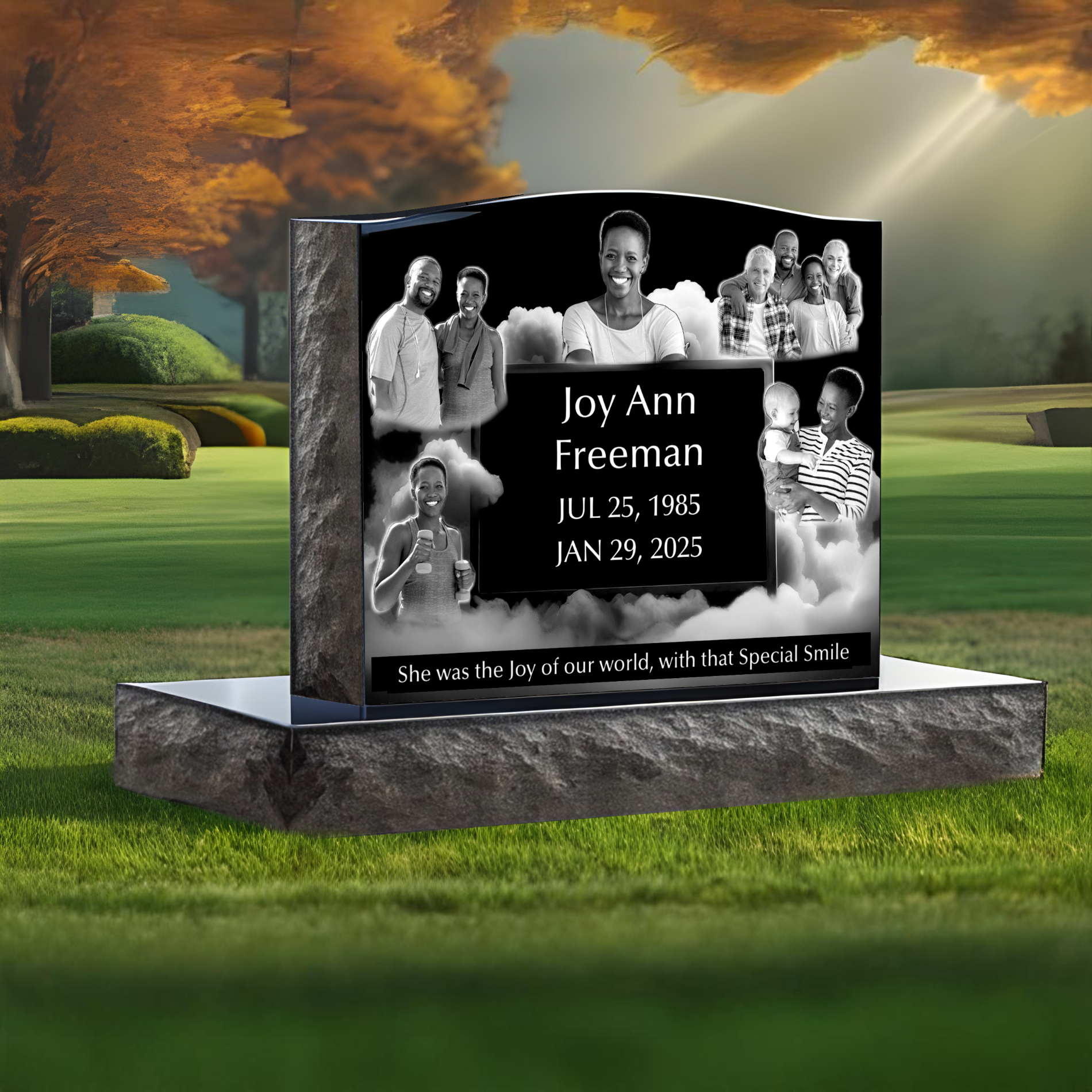 legacy-heavenly-clouds-photo-collage-headstone-upright "Heavenly Cloud" Large Collage Headstone - Elegant Black Granite Photo Memorial - Image 1